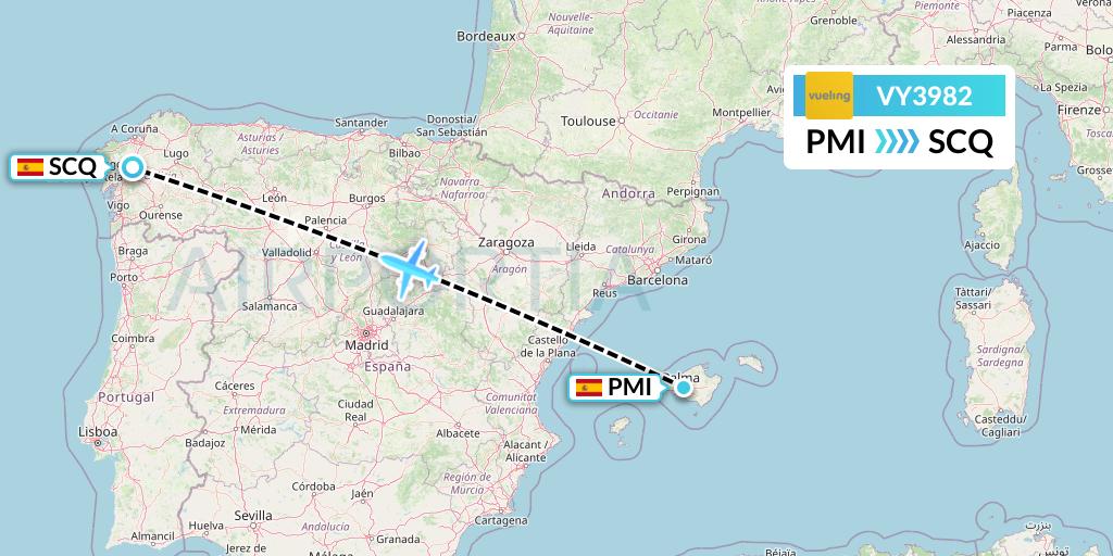 VY3982 Vueling Flight Map: Palma de Mallorca to Santiago