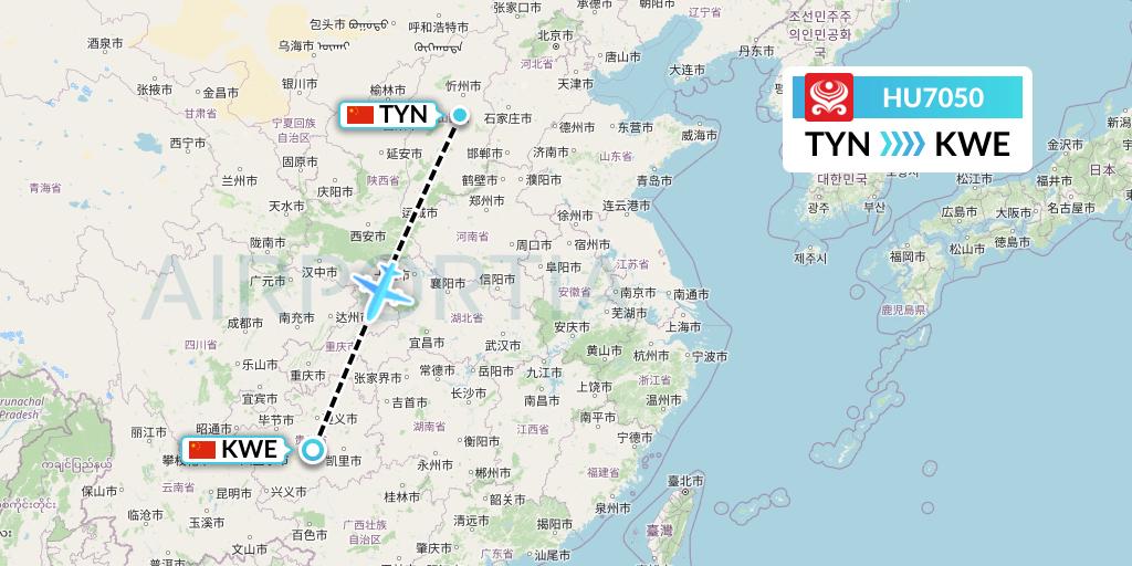 HU7050 Hainan Airlines Flight Map: Taiyuan to Guiyang
