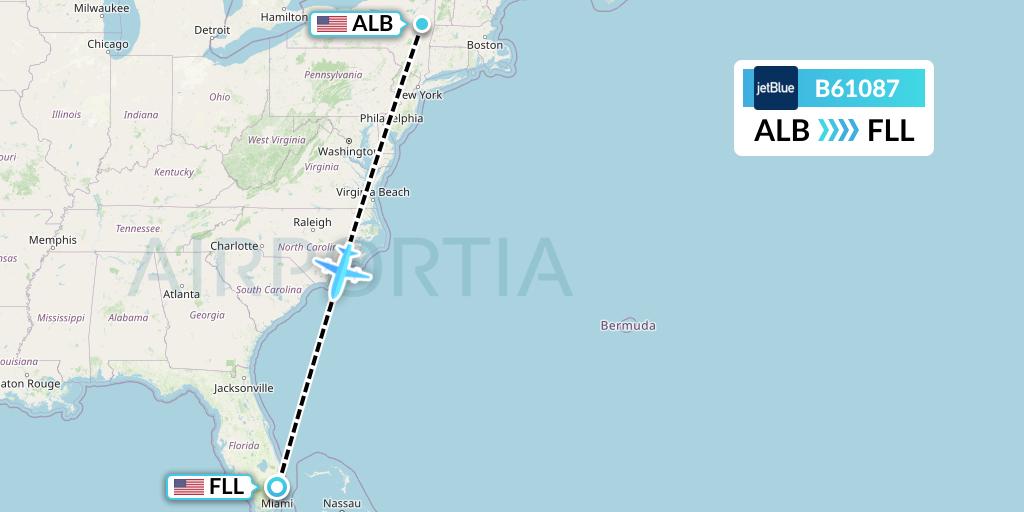 B61087 JetBlue Airways Flight Map: Albany to Fort Lauderdale