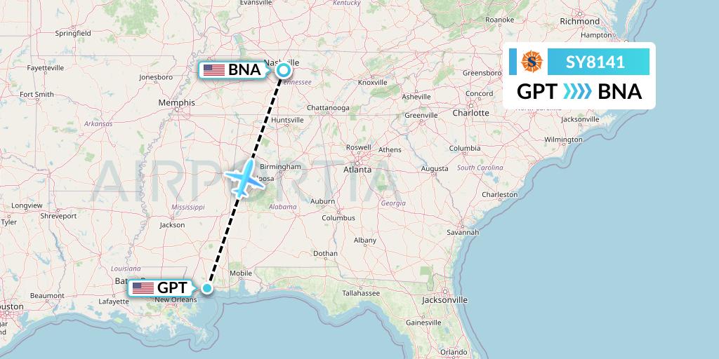 SY8141 Sun Country Airlines Flight Map: Gulfport to Nashville