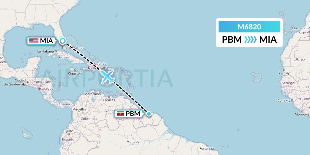 M6820 Amerijet International Flight Map: Paramaribo to Miami