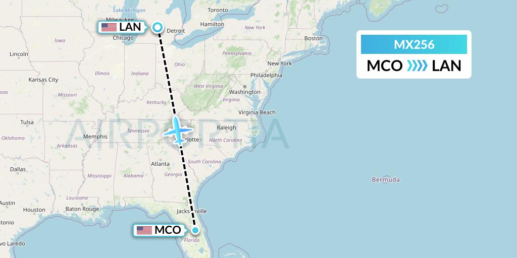 MX256 Breeze Airways Flight Map: Orlando to Lansing