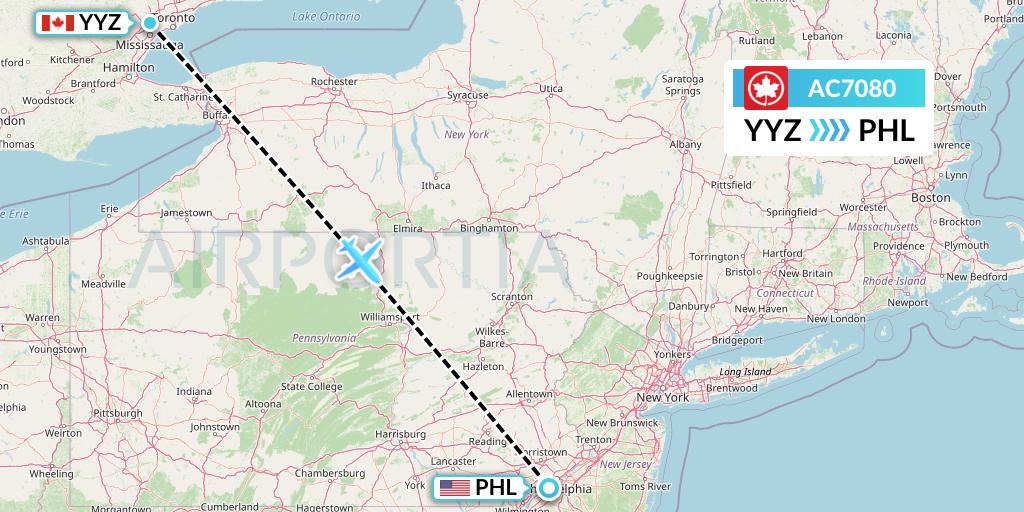 AC7080 Air Canada Flight Map: Toronto to Philadelphia