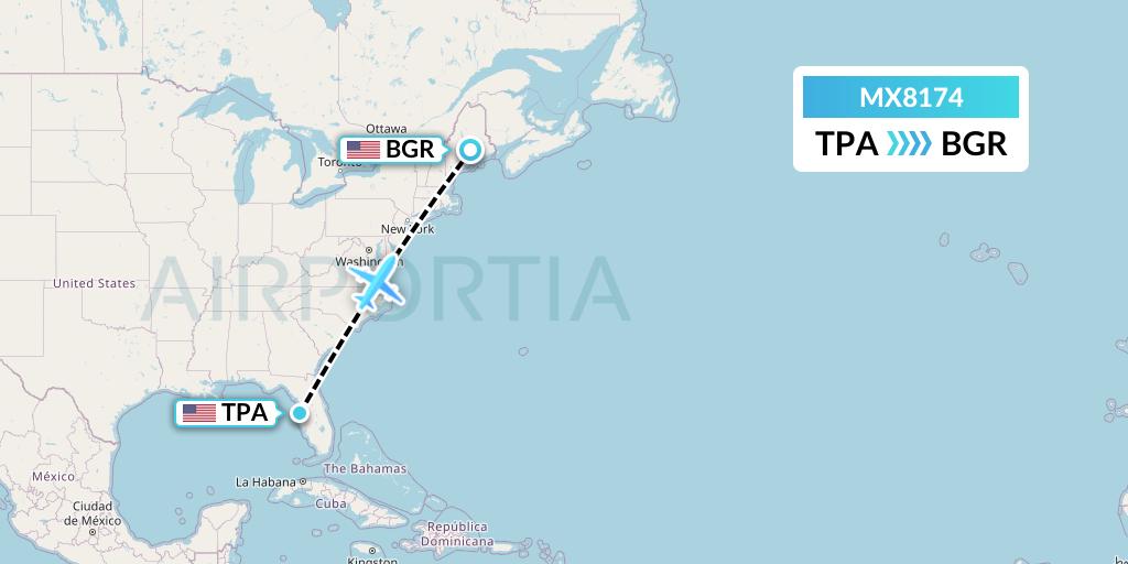 MX8174 Breeze Airways Flight Map: Tampa to Bangor