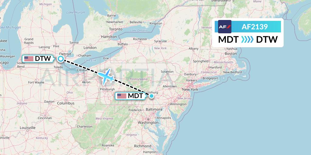 AF2139 Air France Flight Map: Harrisburg to Detroit