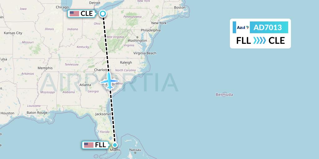 AD7013 Azul Brazilian Airlines Flight Map: Fort Lauderdale to Cleveland