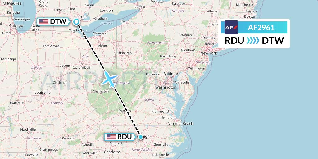 AF2961 Air France Flight Map: Raleigh-Durham to Detroit