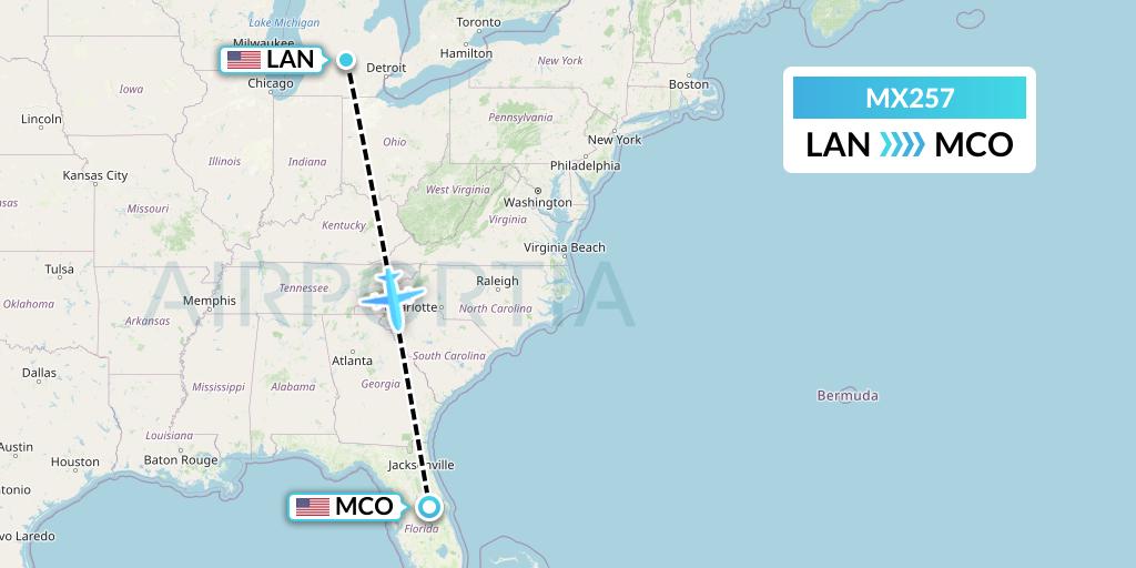 MX257 Breeze Airways Flight Map: Lansing to Orlando