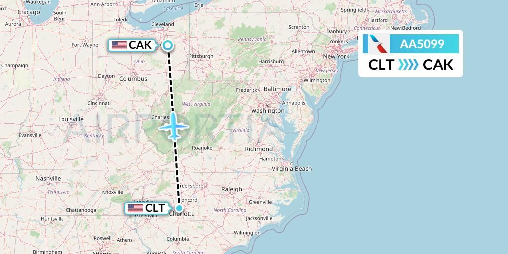 AA5099 American Airlines Flight Map: Charlotte to Akron