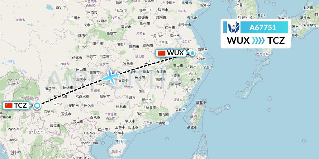 A67751 Hongtu Airlines Flight Map: Wuxi to Tengchong