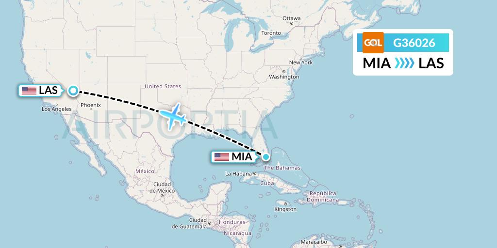 G36026 GOL Transportes Aeros Flight Map: Miami to Las Vegas