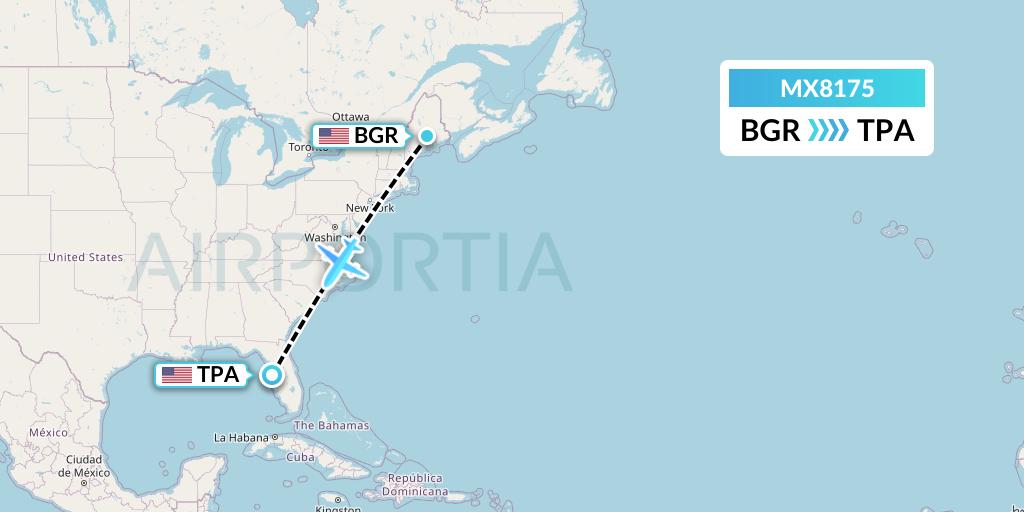 MX8175 Breeze Airways Flight Map: Bangor to Tampa