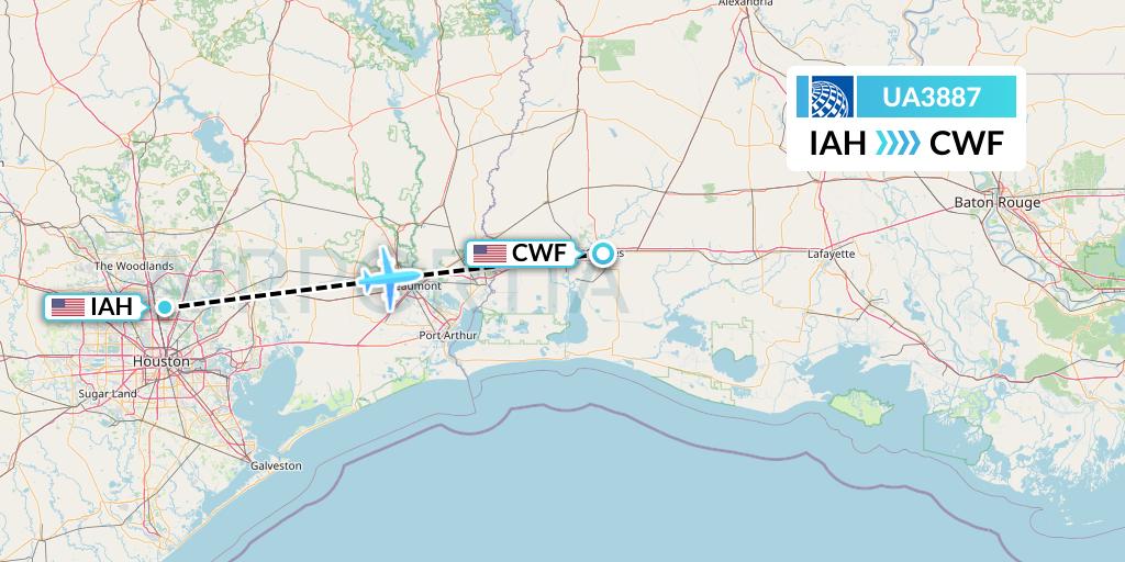 UA3887 United Airlines Flight Map: Houston to Lake Charles