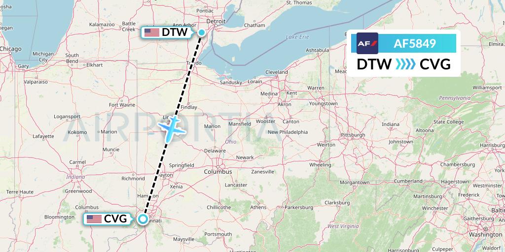 AF5849 Air France Flight Map: Detroit to Cincinnati