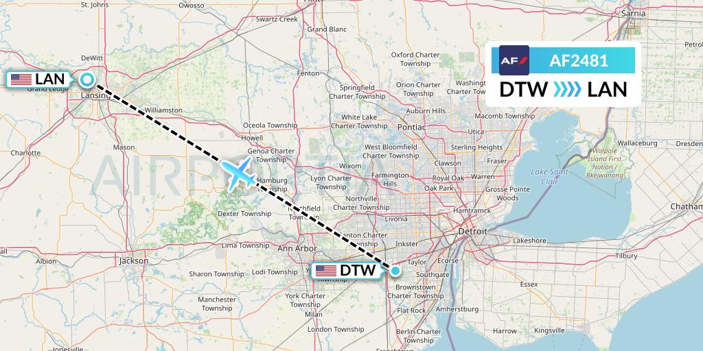AF2481 Air France Flight Map: Detroit to Lansing