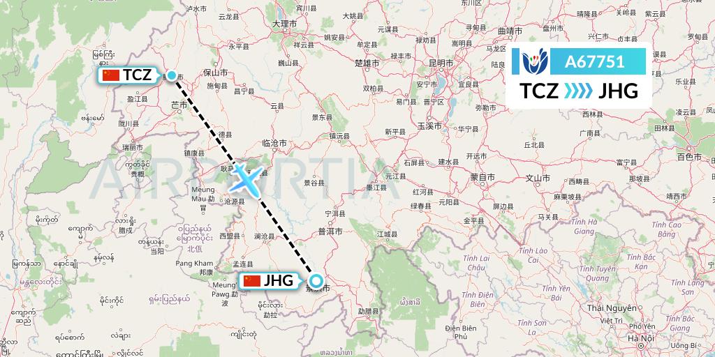 A67751 Hongtu Airlines Flight Map: Tengchong to Jinghong