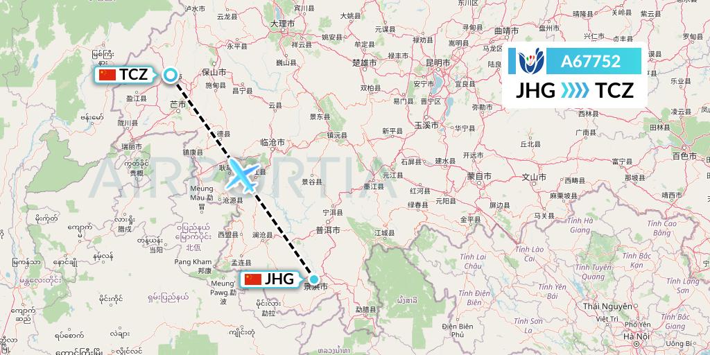 A67752 Hongtu Airlines Flight Map: Jinghong to Tengchong