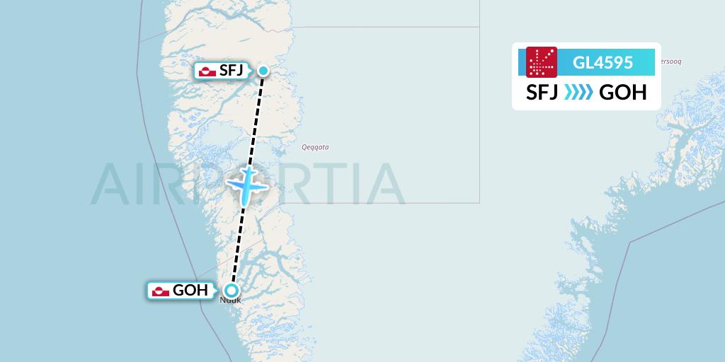 GL4595 Air Greenland Flight Map: Kangerlussuaq to Nuuk