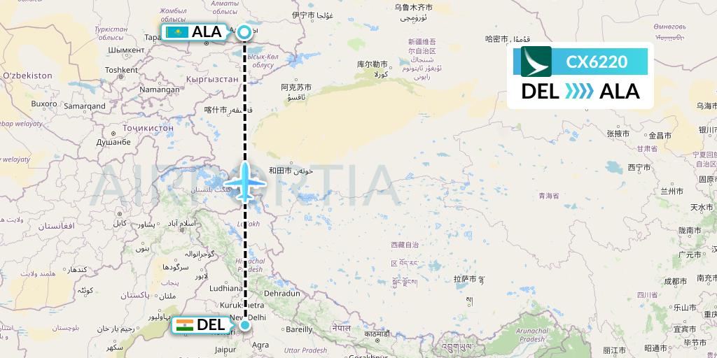 CX6220 Cathay Pacific Flight Map: Delhi to Almaty