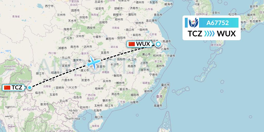 A67752 Hongtu Airlines Flight Map: Tengchong to Wuxi