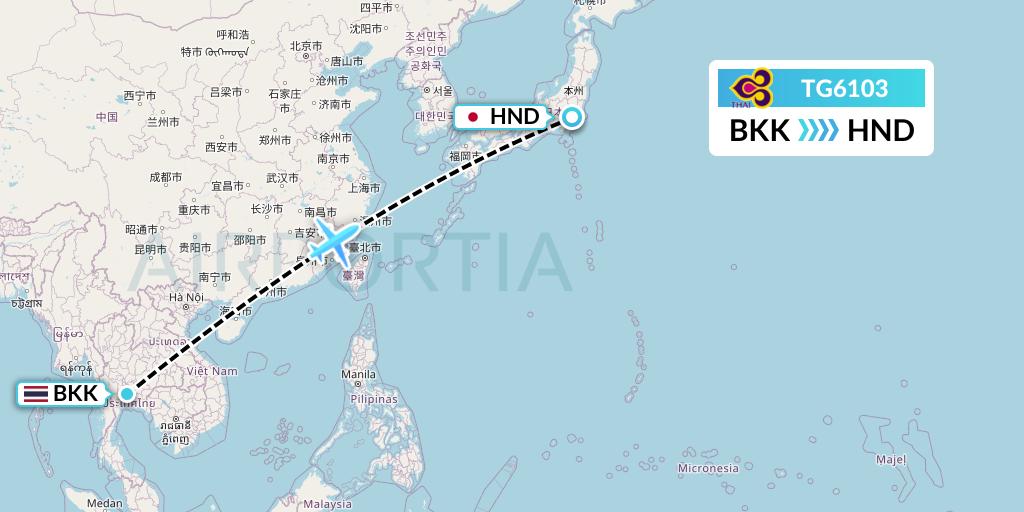 TG6103 Thai Airways Flight Map: Bangkok to Tokyo