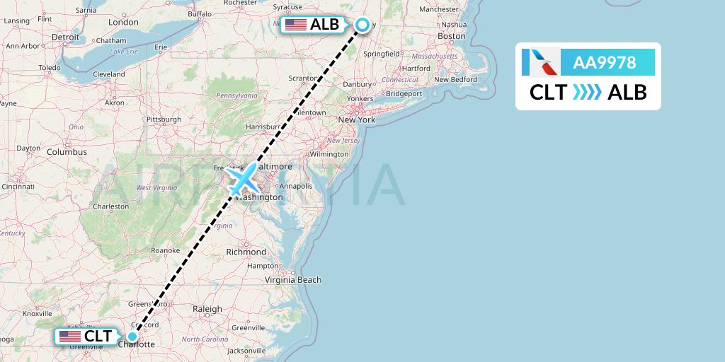 AA9978 American Airlines Flight Map: Charlotte to Albany