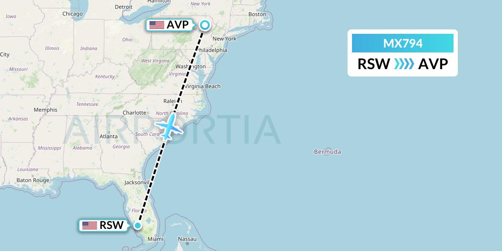 MX794 Breeze Airways Flight Map: Fort Myers to Avoca