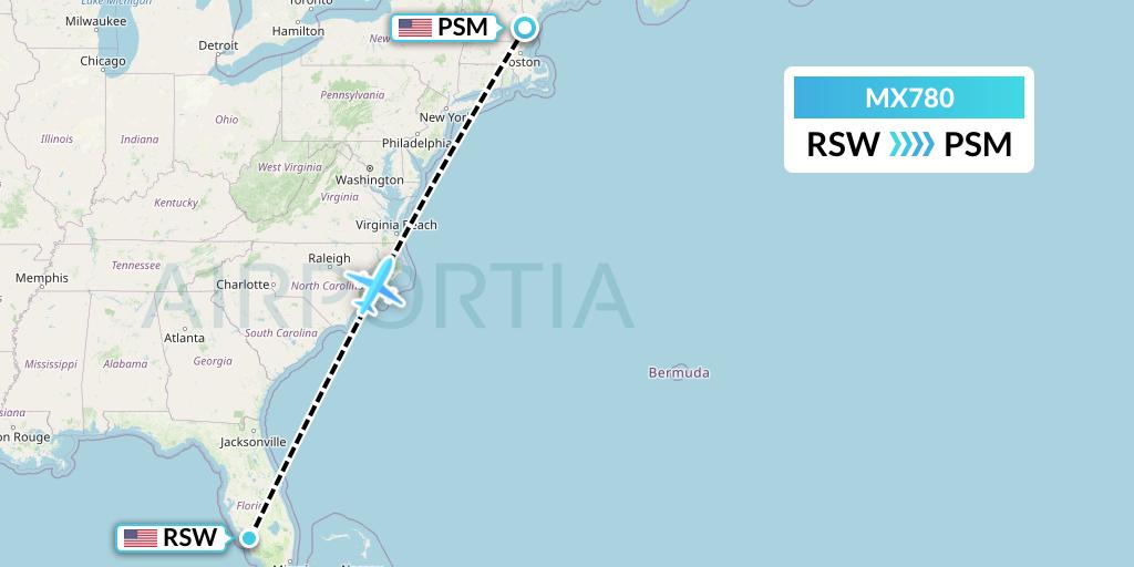 MX780 Breeze Airways Flight Map: Fort Myers to Portsmouth
