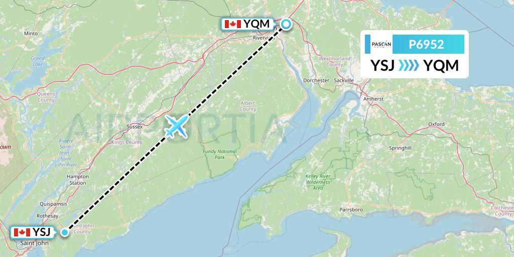 P6952 Pascan Aviation Flight Map: Saint John to Moncton