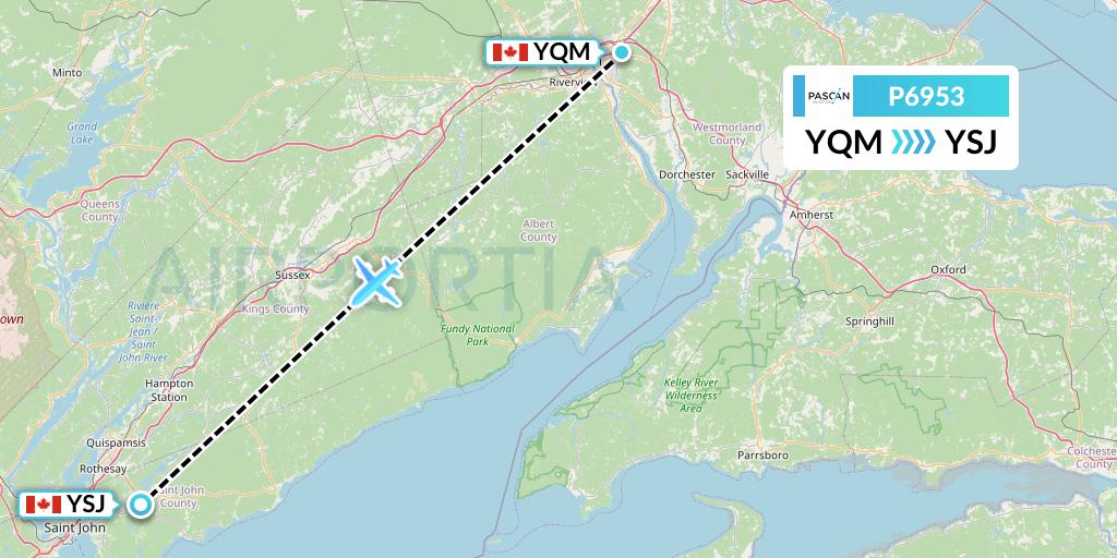 P6953 Pascan Aviation Flight Map: Moncton to Saint John