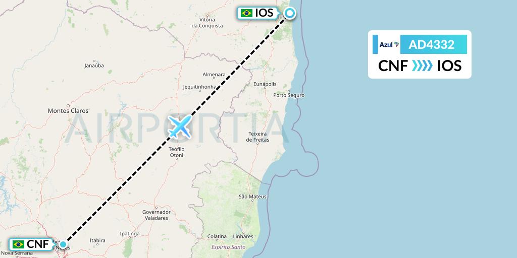 AD4332 Azul Brazilian Airlines Flight Map: Belo Horizonte to Ilheus