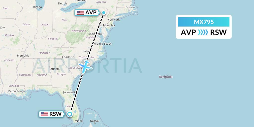 MX795 Breeze Airways Flight Map: Avoca to Fort Myers