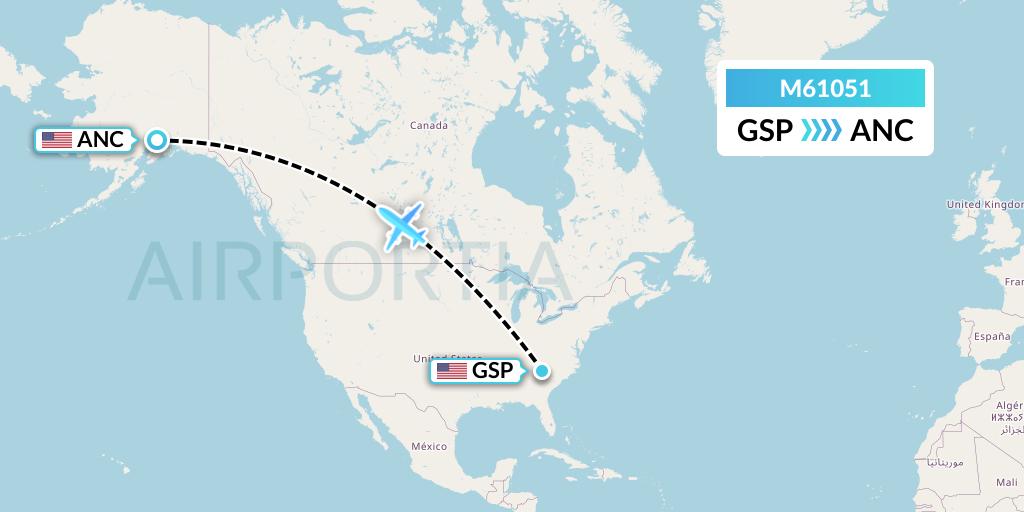 M61051 Amerijet International Flight Map: Greenville-Spartanburg to Anchorage