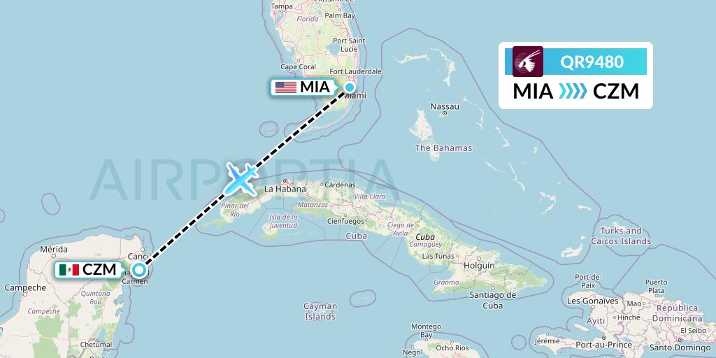 QR9480 Qatar Airways Flight Map: Miami to Cozumel