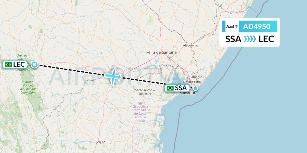 AD4950 Azul Brazilian Airlines Flight Map: Salvador to Lencois
