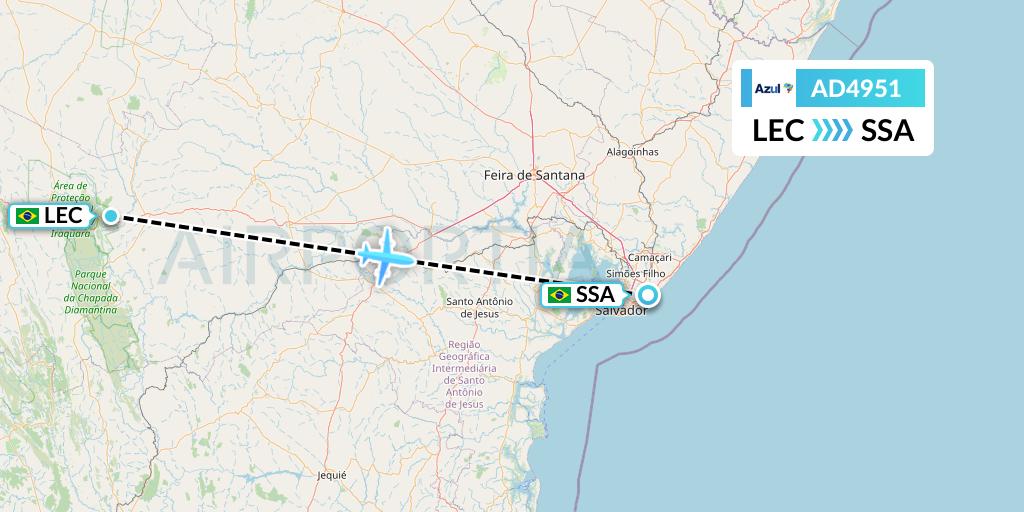 AD4951 Azul Brazilian Airlines Flight Map: Lencois to Salvador