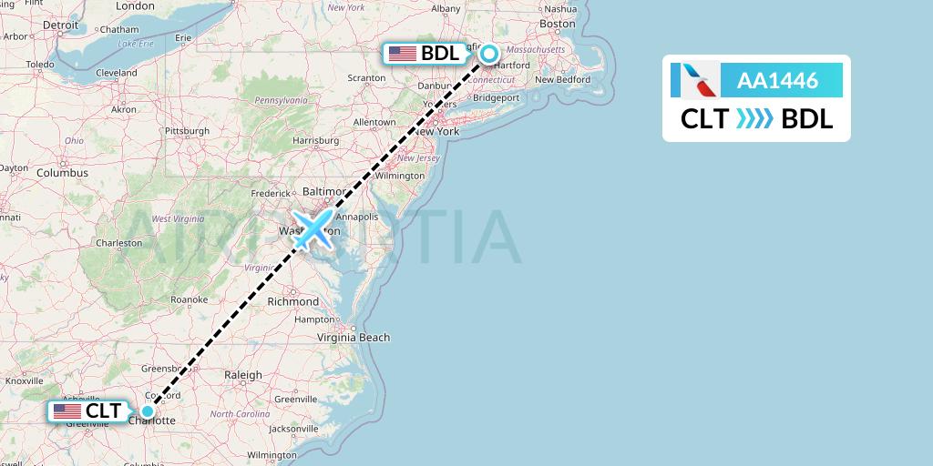 AA1446 American Airlines Flight Map: Charlotte to Windsor Locks