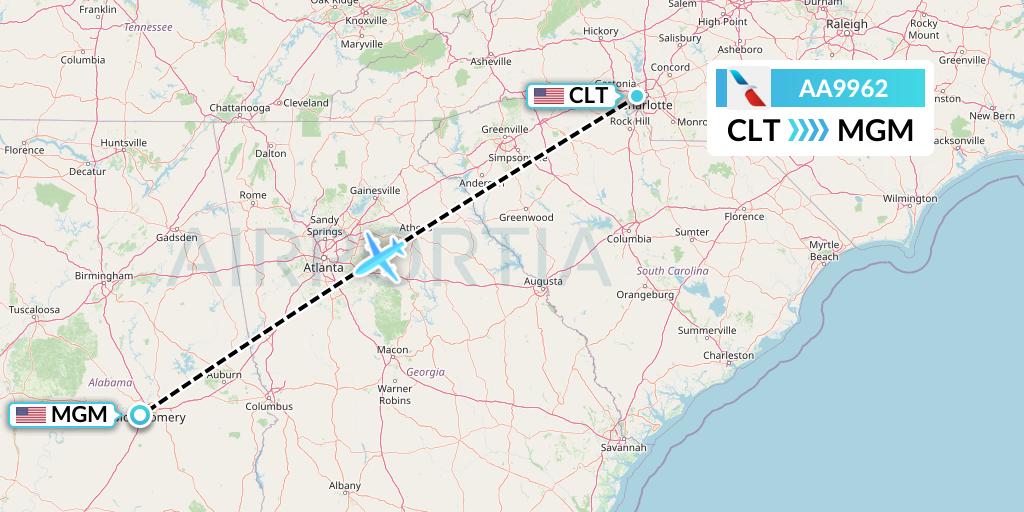 AA9962 American Airlines Flight Map: Charlotte to Montgomery
