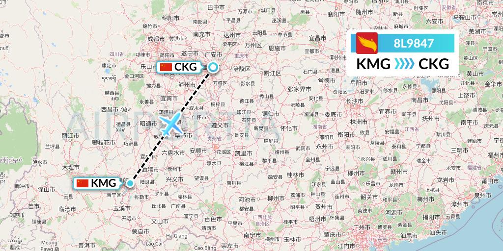 8L9847 Lucky Air Flight Map: Kunming to Chongqing