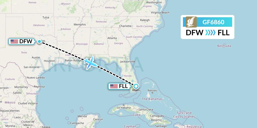 GF6860 Gulf Air Flight Map: Dallas to Fort Lauderdale