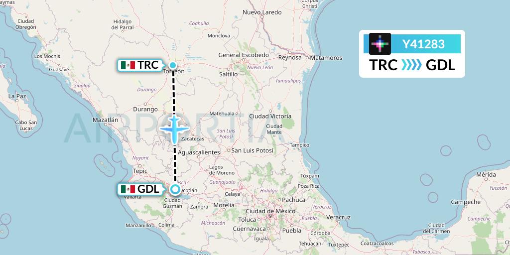 Y41283 Volaris Flight Map: Torreon to Guadalajara