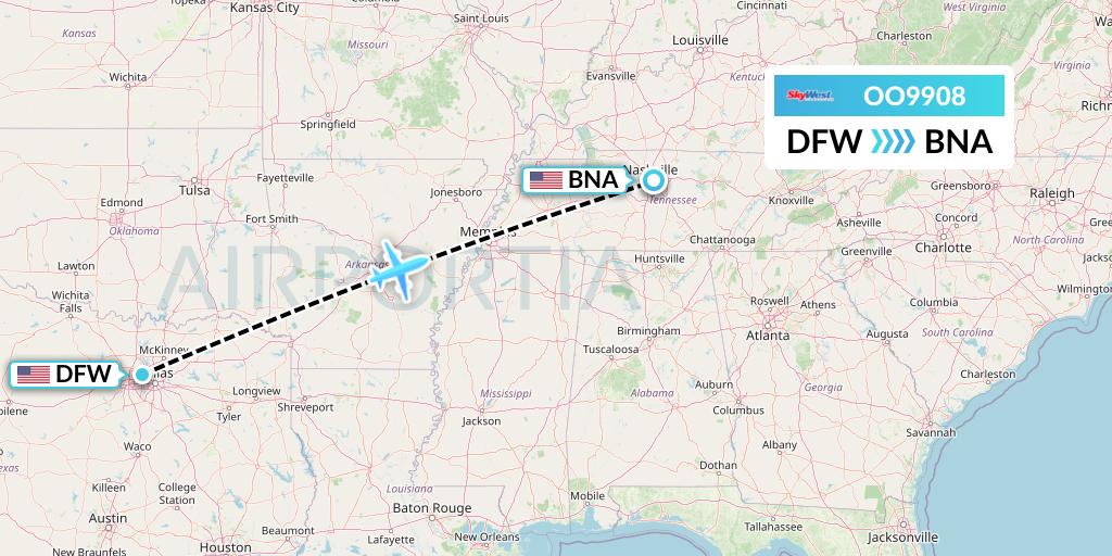 OO9908 SkyWest Airlines Flight Map: Dallas to Nashville