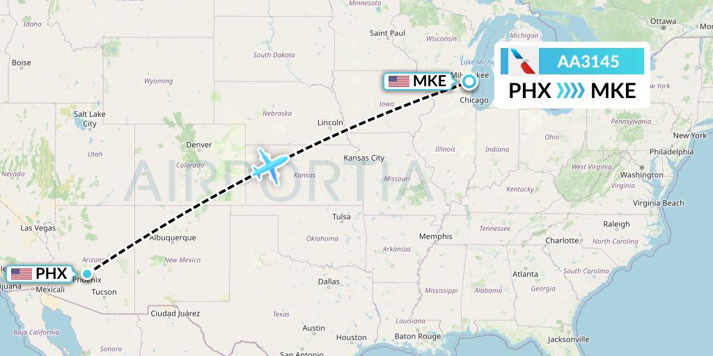 AA3145 American Airlines Flight Map: Phoenix to Milwaukee