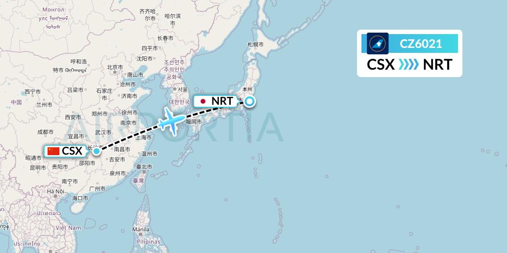 CZ6021 China Southern Airlines Flight Map: Changsha to Tokyo