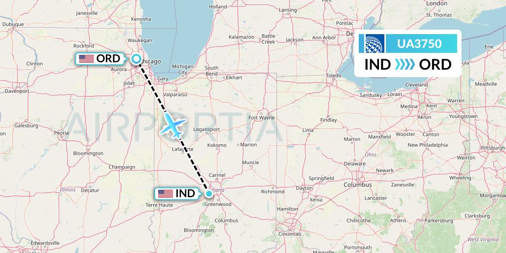 UA3750 United Airlines Flight Map: Indianapolis to Chicago