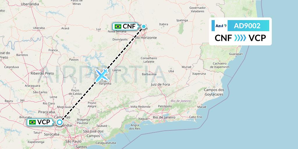 AD9002 Azul Brazilian Airlines Flight Map: Belo Horizonte to Campinas