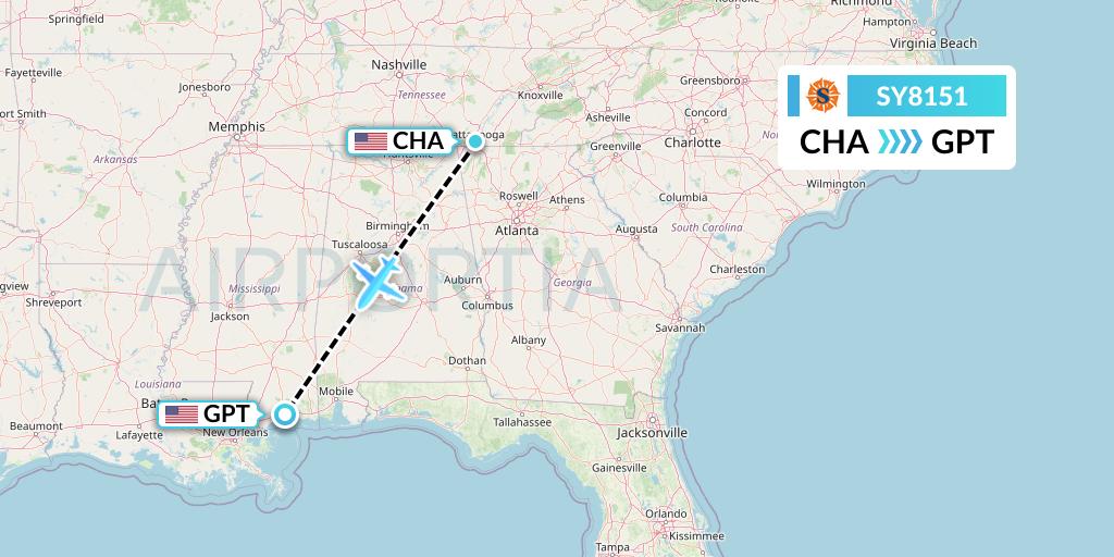 SY8151 Sun Country Airlines Flight Map: Chattanooga to Gulfport