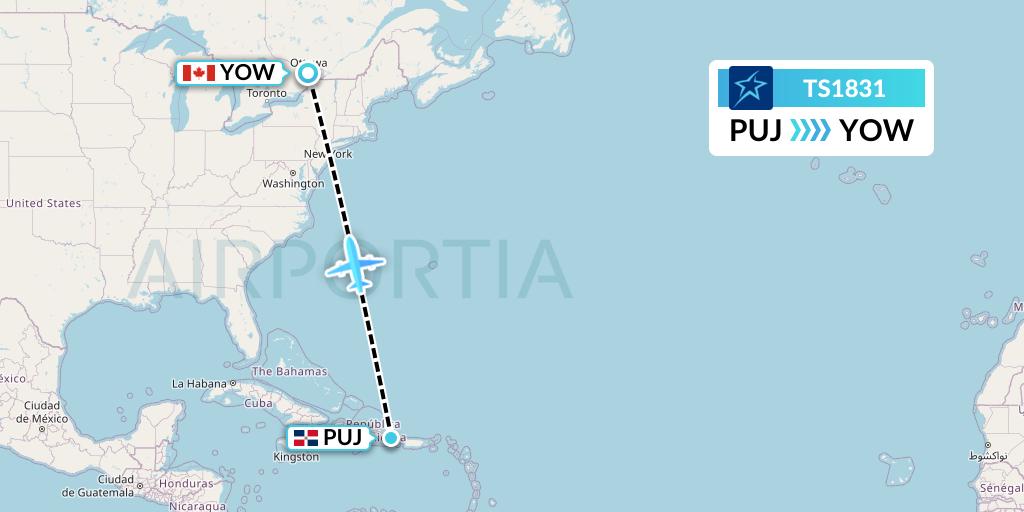 TS1831 Air Transat Flight Map: Punta Cana to Ottawa