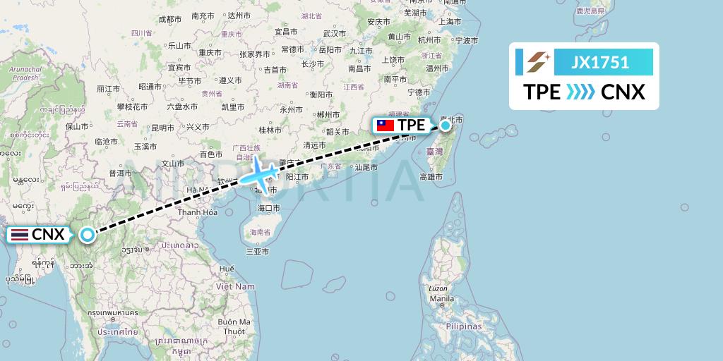 JX1751 Starlux Airlines Flight Map: Taipei to Chiang Mai