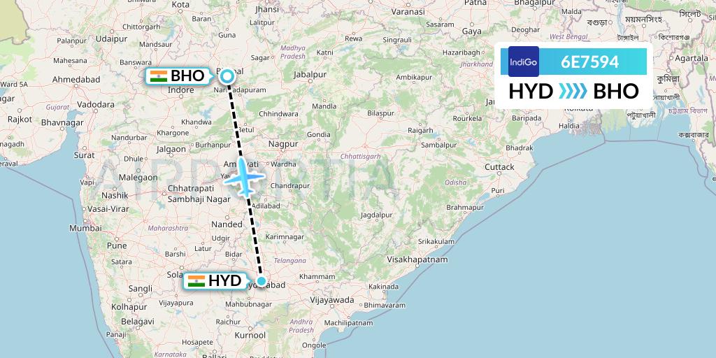 6E7594 IndiGo Airlines Flight Map: Hyderabad to Bhopal